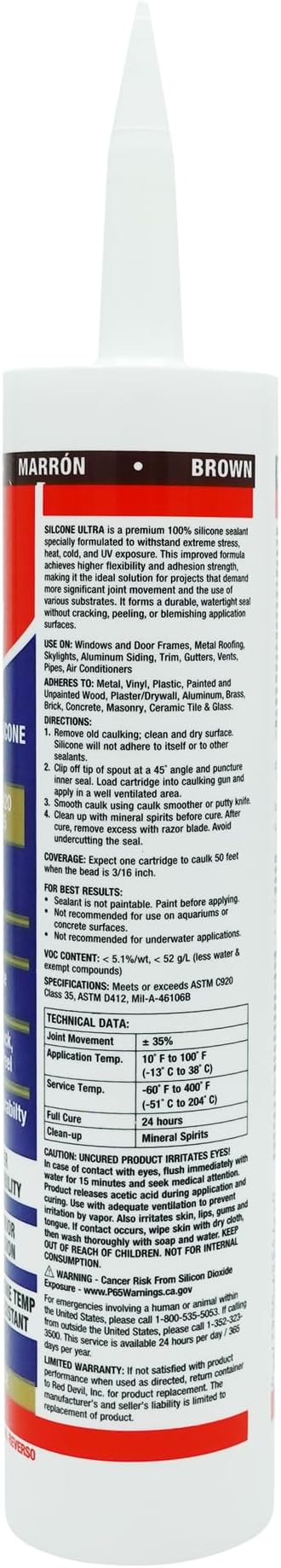 Red Devil 078040 Silicone Ultra 100% RTV Silicone Sealant, 10.1 oz., Brown, 1 Pack