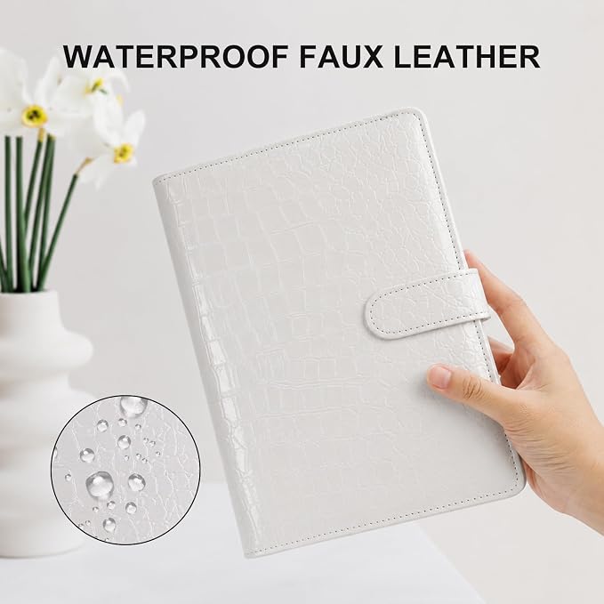 Convend A5/A6 Refillable 6 Ring Binder Cover, Crocodile-Textured PU Leather Notebook Binder with Hidden Snap Closure, Planner Organizer, (White)