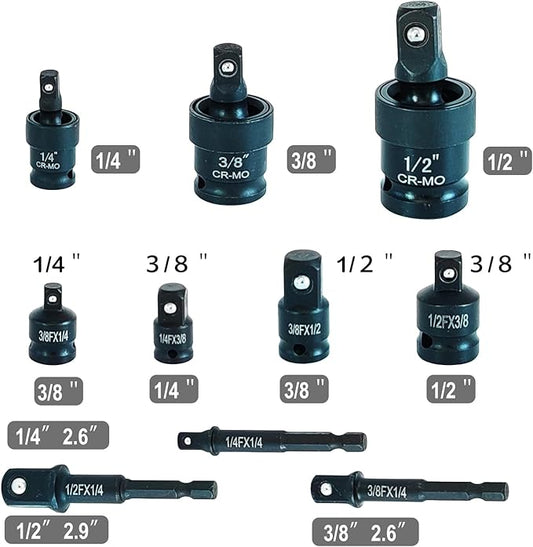 FUVONTA Impact Swivel Socket Adapter Set with Case - Universal Joint, Reducer & Drill Adapter (1/4" 3/8" 1/2") | CR-MO Steel for Automotive Repair, DIY Projects & Off-Road Emergencies (10 PC)