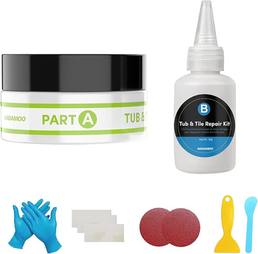 NADAMOO Tub and Tile Repair Kit White Tile Shower Repair Kit for Fiberglass Porcelain Ceramic Acrylic Stone, Fix Crack Chip Scrap Hole - 3.5 Oz