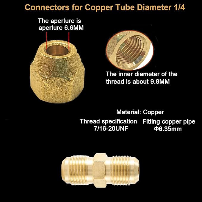 2Pieces Copper Pipe Extension Joint Connectors for Air Conditioning Pipe Coupling Adapters with Flare Nuts and Connectors for Copper Tube Diameter 3/8 and 1/4-Inch
