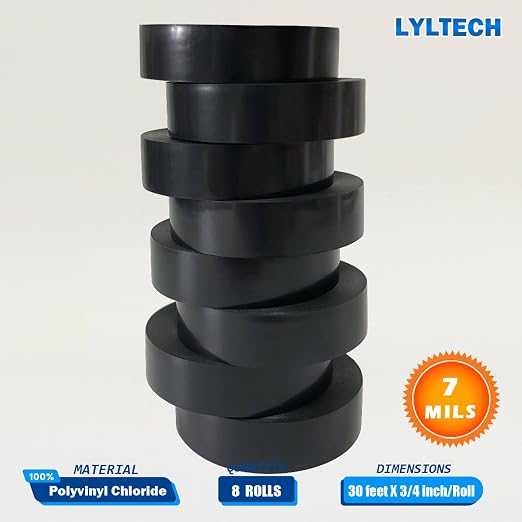LYLTECH Black Vinyl Electrical Tape 8 Rolls 7mil 3/4in x 30ft | Waterproof strong adhesive durable easy wrap insulation tape, high temperature resistant for general electric wiring use