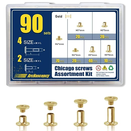 90 Sets Gold Chicago Screws Leather Rivets Kit, 4 Sizes (M5*4,5,6,8) & 2 Screw Lengths (M4*3,4) for Belts, Bookbinding, DIY Leather (Gold)