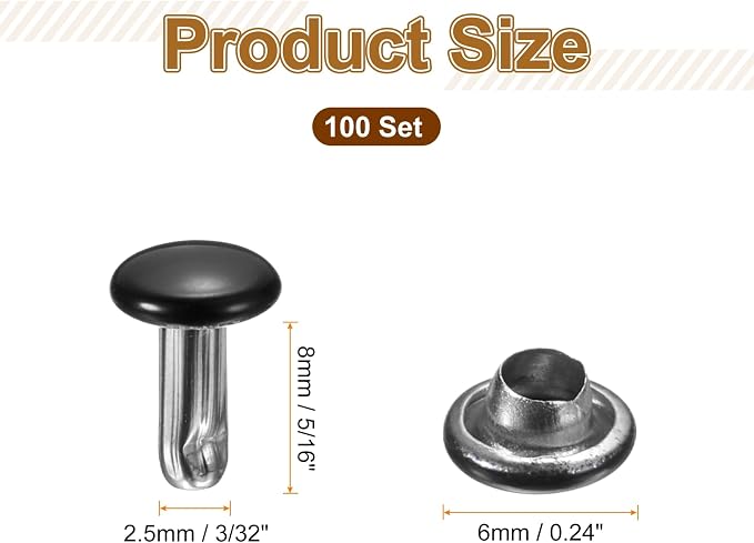 HARFINGTON 100 Sets Double Cap Leather Rivets, 6x8mm Round Cap Tubular Metal Studs Leather Crafting Rivets for Fabric Belt Pet Collar Boot Bag Repair and Decoration, Black