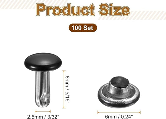 HARFINGTON 100 Sets Double Cap Leather Rivets, 6x8mm Round Cap Tubular Metal Studs Leather Crafting Rivets for Fabric Belt Pet Collar Boot Bag Repair and Decoration, Black