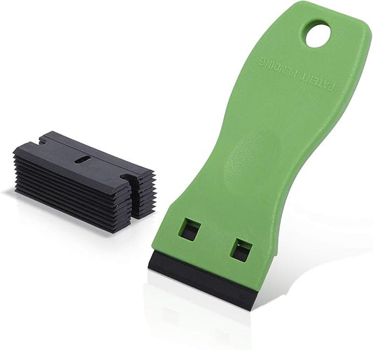 EHDIS 1.5" Plastic Razor Scraper with 10pcs Double Edged Plastic Blades for Removing Labels Stickers Decals on Glass Windows (Green)
