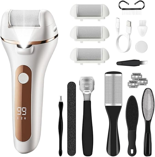 Electric Foot Callus Remover Rechargeable Pedicure Kit with 3 Roller Heads 2 Speed IPX6 Waterproof Foot File Pedicure Tools Professional Foot Care for Dead Cracked Dry Skin White