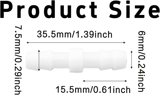 6Pcs 1/4" x 1/4" Plastic Hose Barb Fittings, Barbed Splicer Mender Joint Adapter Union Connectors for Aquarium, Household, Fuel, Gas, Liquid, Air Hose Repair