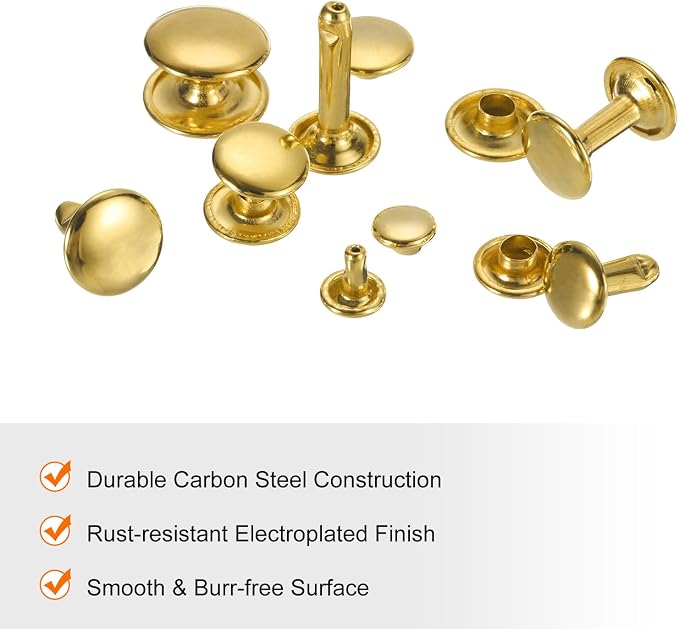 HARFINGTON 100 Sets Double Cap Leather Rivets, 6x8mm Round Cap Tubular Metal Studs Leather Crafting Rivets for Fabric Belt Pet Collar Boot Bag Repair and Decoration, Gold