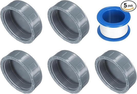 uxcell 5Pcs 2 Inch PT Female Thread PVC Pipe Fitting Cap, Cleanout Water Drain End Caps, Pipe Plug Socket Fittings with Tape for Water Heater Supply Lines, Plumbing, Gray
