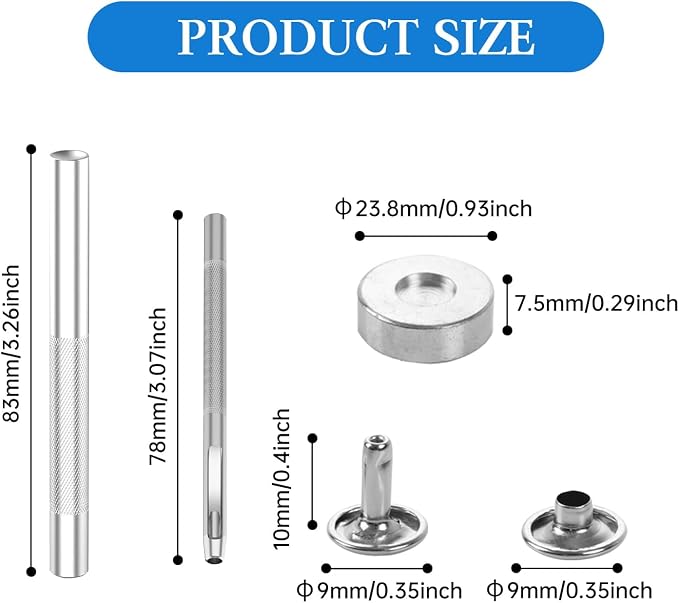 100 Sets Leather Rivets 9x10mm Double Cap Rivets Snaps Metal Studs Fasteners with 3pcs Setting Tools for Leather Craft DIY Repair Decoration, Silver Tone