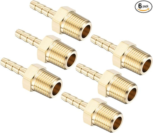 Pack of 6 Brass Hose Barb Fittings Adapter Connector 5/32" Hose Barb to 1/8" NPT Male Fittings for Home Machines, Massage Bathtubs, and Irrigation Systems