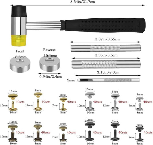 TLKKUE 480 Sets Leather Rivets Kit 4 Colors Double Cap Rivets 3 Sizes Rivet for Leatherworking with Rubber Hammer Fixing Tool Kit 4 Pieces for DIY Leather Craft Clothes Shoes Decoration and Repair