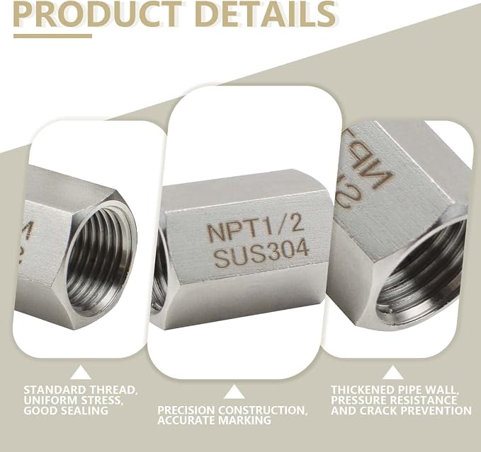 Bwintech 3 Pcs 304 Stainless Steel Forging Hex Coupling, 1/2" NPT x 1/2" NPT Female Threaded Pipe Fittings, Hex Coupling Rod Version
