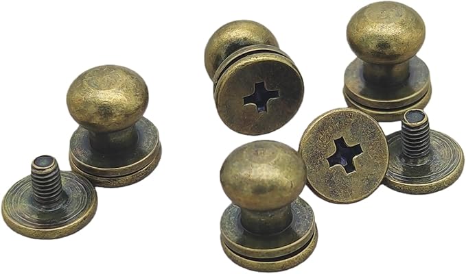 Denailey 12 Sets Solid Brass Round Head Button Stud Screw Leather Rivet Chicago Screws Button Rivets for Leather Craft Belt Wallet Handbag Repairs Decoration (Round Head Size 8mm, Antique Brass)
