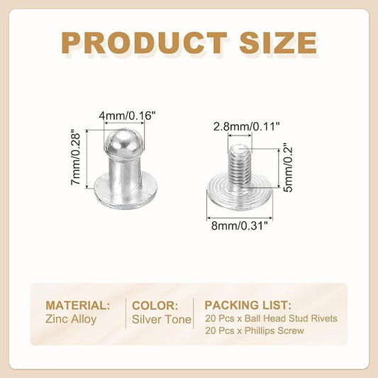 PATIKIL 4 mm Leather Rivets, 20 Sets Ball Head Stud Screw Back Round Head Button Chicago Screw Nipple Stud Rivet for Leather DIY Craft Handbag Belt Repairs, Silver Tone