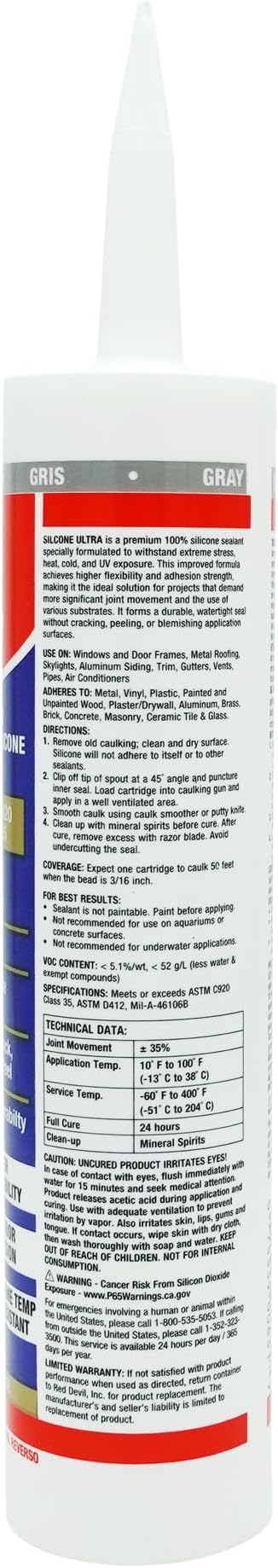 Red Devil 078050 Silicone Ultra 100% RTV Silicone Sealant, 10.1 oz., Gray, 1 Pack