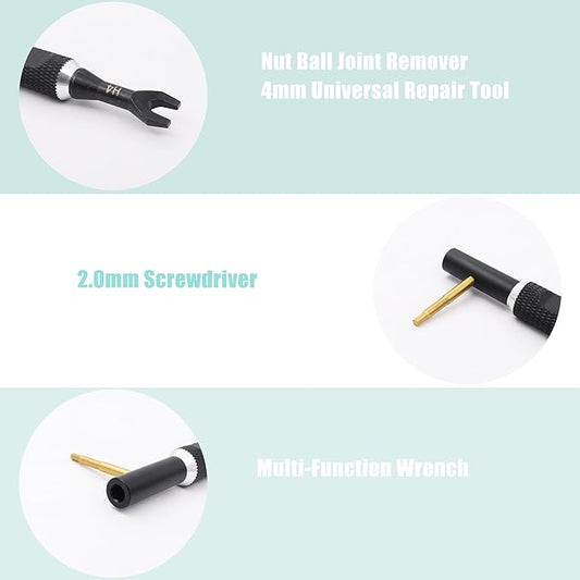 RC Multi-Function Wrench Turnbuckle Nut Ball Joint Remover 4mm Universal Repair Tool with 2.0mm Screwdriver for 1/10 1/8 1/24 Crawler Truck Off Road Car Boat Drone Airplane(Black Silver)