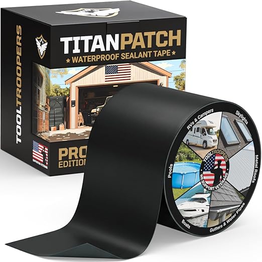 TITANPATCH PRO Waterproof Sealant Tape – Black 4" x20' – Stops Leaks Fast & Stays Sealed for 15+ Years – Sticks to RVs, Roofs, Pools, Boats, Gutters – Built for Harsh Weather (-40°F to 190°F)