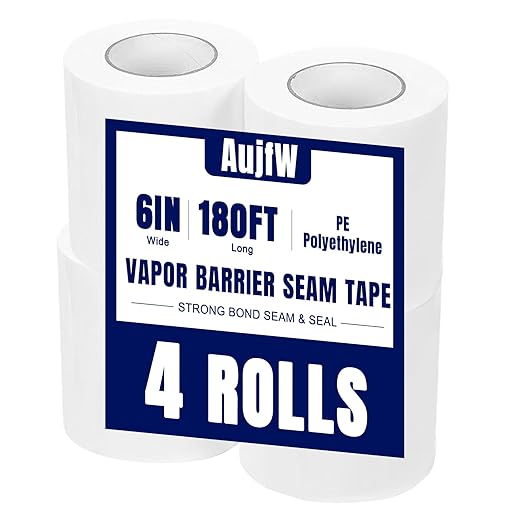 Vapor Barrier Tape, 6" Wide x 180' Long 4Roll, Polyethylene Tape, for Moisture Barriers and Crawl Spaces, Waterproof Seal and Seam Tape for Underlayment, Insulation and Plastic Liners