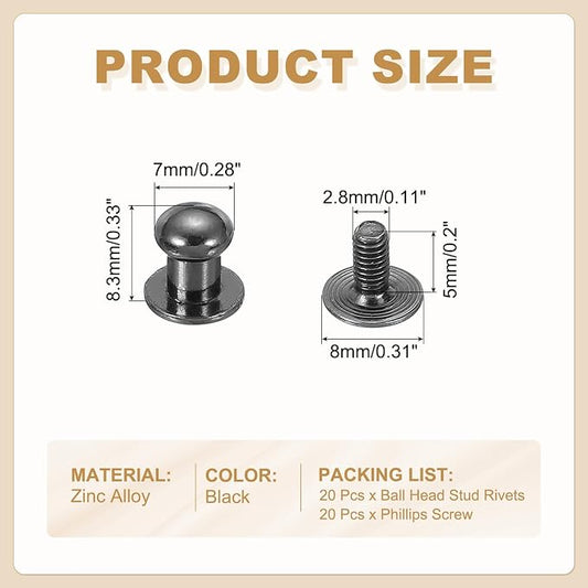 PATIKIL 7 mm Leather Rivets, 20 Sets Ball Head Stud Screw Back Round Head Button Chicago Screw Nipple Stud Rivet for Leather DIY Craft Handbag Belt Repairs, Black