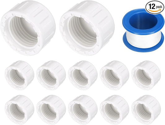 uxcell 12Pcs 1/2 Inch PT Female Thread PVC Pipe Fitting Cap, Cleanout Water Drain End Caps, Pipe Plug Socket Fittings with Tape for Water Heater Supply Lines, Plumbing, White