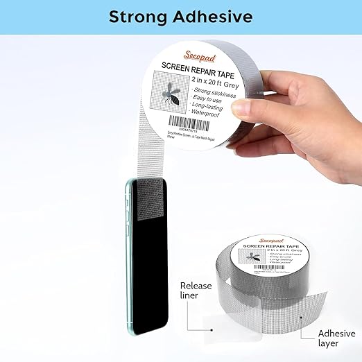 Secopad Grey Window Screen Repair Tape, 2IN X 20FT Screen Repair Kit for Windows or Doors, Strong Adhesive Fiberglass Mesh Patch Tape
