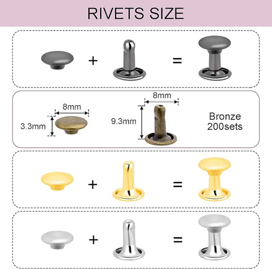 200Sets 8mm Round Double Caps Leather Rivets Metal Tubular Studs for Bags Hats Shoes Clothing Leather DIY Craft Repair and Decoration (Bronze)