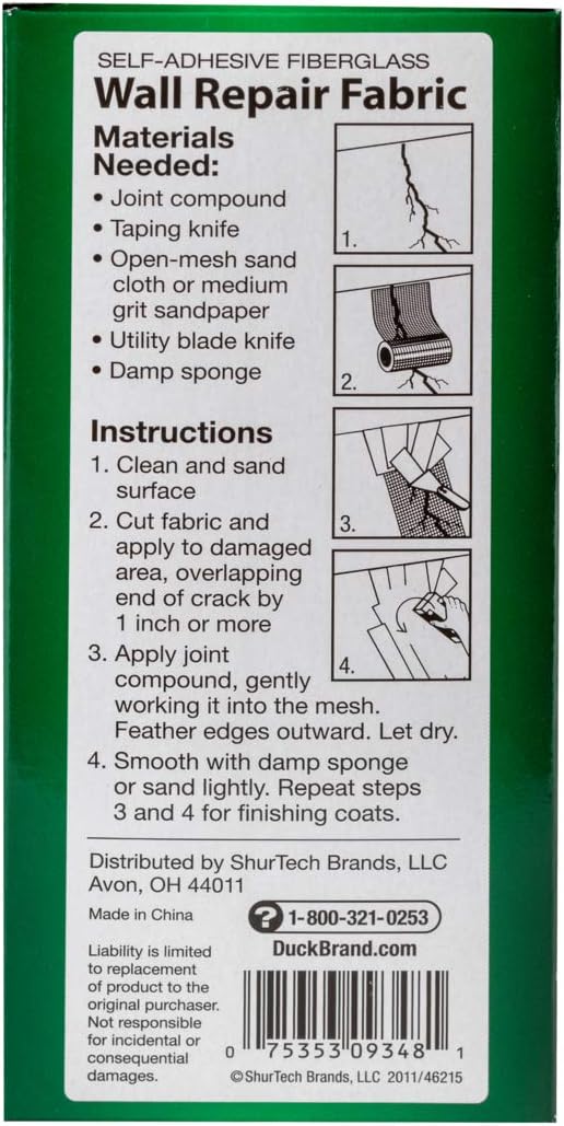 Duck Brand Self-Adhesive Drywall Repair Fabric, 6-Inch by 25 Feet, Single Roll, White (282084)