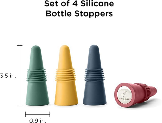 Rabbit Wine Bottle Stoppers Set of 4 - Airtight Rubber and Stainless Steel Reusable Wine Stoppers for Wine Bottles, Assorted Colors, Dishwasher Safe