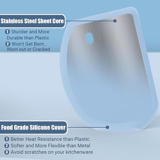 Silicone Dough Scraper with Stainless Steel Sheet, Curved Edge Flexible Bowl Scraper for Baking, Food Grade Silicone Bench Scraper for Sourdough Bread Proofing Basket, 5.98" × 4.3", Blue, SAPID