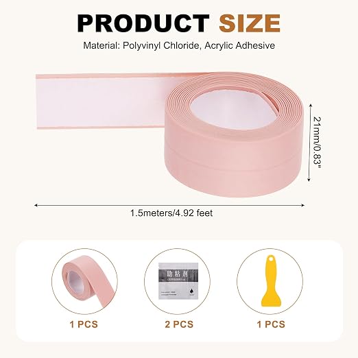 uxcell Caulk Tape Waterproof, 0.83 Inch x 4.92 ft Self-Adhesive Sealant Sealing Strip Caulking Sealant Tape PVC with Tool for Kitchen Sink Toilet Bathroom Bathtub Floor, Pink