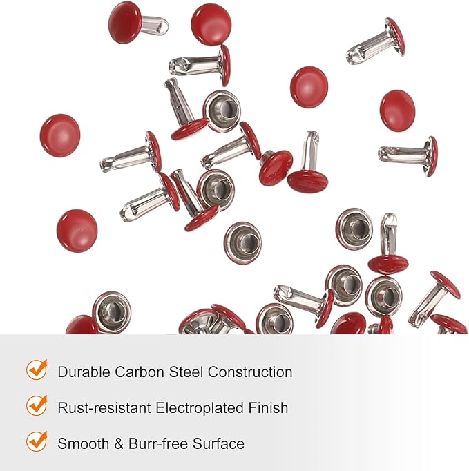 HARFINGTON 100 Sets Double Cap Leather Rivets, 6x8mm Round Cap Tubular Metal Studs Leather Crafting Rivets for Fabric Belt Pet Collar Boot Bag Repair and Decoration, Red