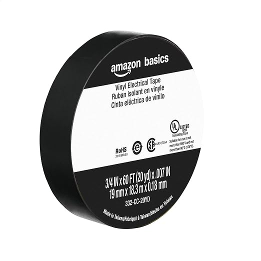 Amazon Basics Vinyl Electrical Adhesive Tape, Flame Retardant, Wire Insulation, Repairs, 3/4 in x 60 ft x 0.007in, Black, 6-Pack (