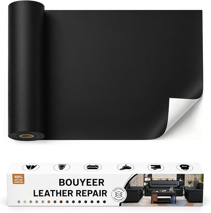 BOUYEER Leather Repair Patch Tape Kit,Self Adhesive Leather Repair for Sofa，Car Seat,Office Chair,Furniture,Jacket,Waterproof Strong Adhesive Vinyl Repair Kit. 16 in x 31 in,Fine Grained Black