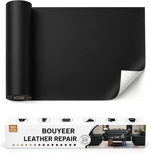 BOUYEER Leather Repair Patch Tape Kit,Self Adhesive Leather Repair for Sofa，Car Seat,Office Chair,Furniture,Jacket,Waterproof Strong Adhesive Vinyl Repair Kit. 16 in x 31 in,Fine Grained Black