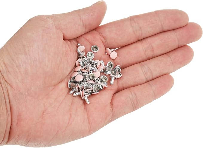 HARFINGTON 100 Sets Double Cap Leather Rivets, 6x6mm Round Cap Tubular Metal Studs Leather Crafting Rivets for Fabric Belt Pet Collar Boot Bag Repair and Decoration, Pink