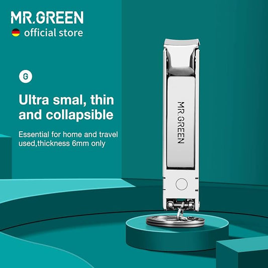 MR.GREEN Collapsible Nail Clippers Small and Thin Portable Travel Nail Scissors Cutter Stainless Steel Manicure Tools with Nail Files (Blue Leather Case+ Iron Box)
