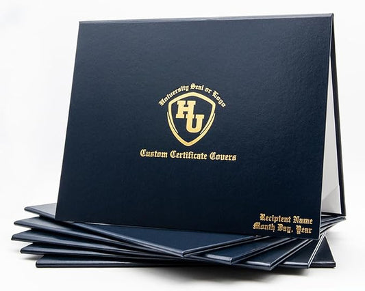 Navy Blue Faux Leather Document Cover 8.5x11 Letter Size | Tent-Style, Non-Padded with Metallic Foil Custom Printing | Professional Presentation for Awards, Diplomas and Certificates