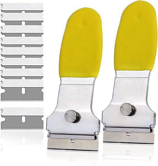 Multi-Purpose Scraper Tool 2 Pack – Metal Razor Blade Scraper Set with 10 Extra Blades, Non Scratch Scraper for Glass Stove Top, Paint Removal, Caulk Remover, Sticker Decal Adhesive Spealloy