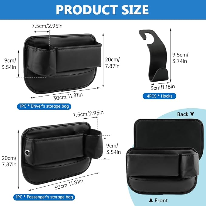 2 Pack Car Seat Gap Filler Organizer, Leather Seat Gap Bag with Cup Holder (3.14 inch) & 4 Hooks, Anti-Slip Flannel Lined Storage Box for Phone, Keys, Wallet, Fit Most Cars