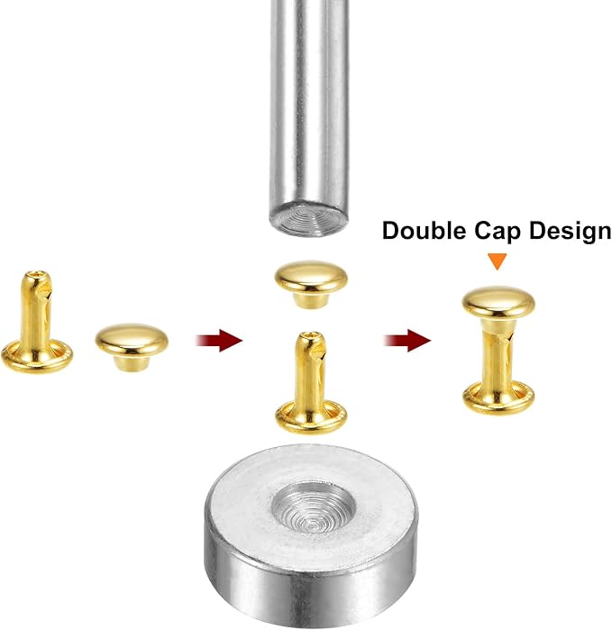 HARFINGTON 100 Sets Leather Rivets 10 x 7mm Metal Double Cap Rivet Snaps Studs Fasteners with 3pcs Setting Tools Rivets for Leather Craft DIY Repair Decoration, Gold Tone