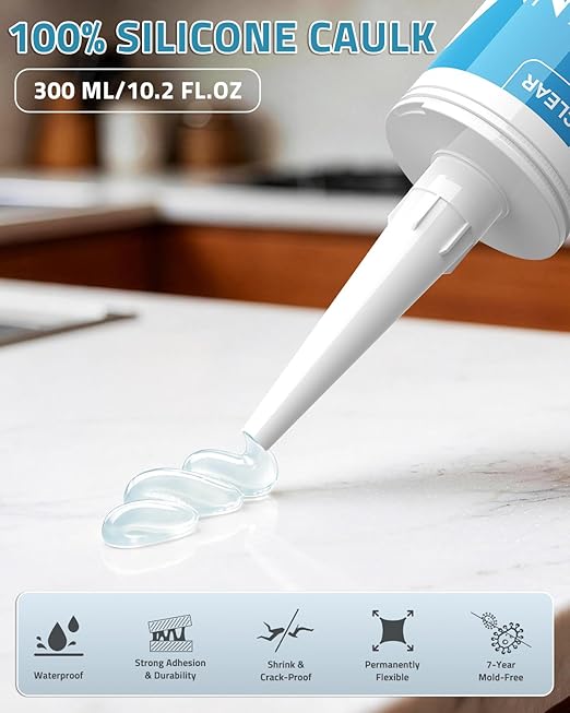 PAULINN 12 Packs Clear Silicone Sealant Waterproof 100% Silicone Caulk for Kitchen & Bathroom