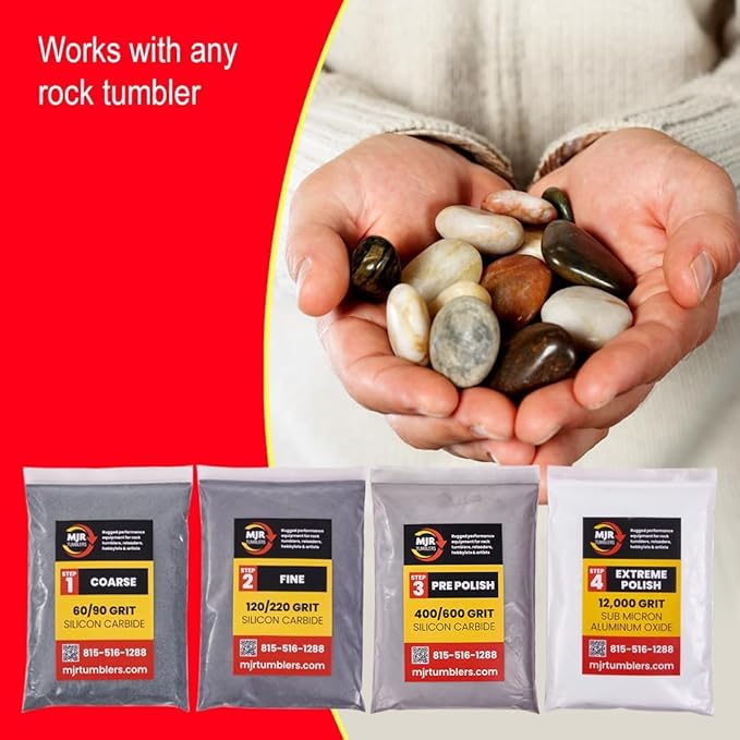 Refill Grit Kit w MJR Tumblers Premium Quality Extreme Polish 12,000 Grit Sub Micron Aluminum Oxide Polish for Unparalleled Result. For 50lb Rock Tumblers w Silicon Carbide, Disabled and Veteran Owned