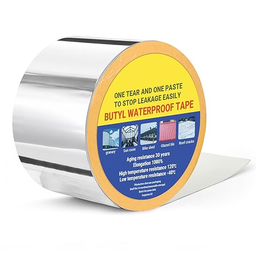 Pangda 2" x 25ft Butyl Tape, Sealant Tapes, 0.6mm Thick Aluminum Flashing Tapes, Heavy Duty Metal Roof Patch, Waterproof Silver Butyl Rubber Tape for Rv, Shed, Water Tank Leak Repair