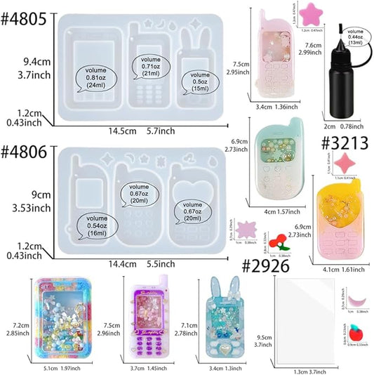 FUNSHOWCASE Resin Shaker Molds Set Mobile Phones Keychain Charm Pack of 8 Silicone Trays Seal Films Precision Tip Applicator Bottle Kit Bundle