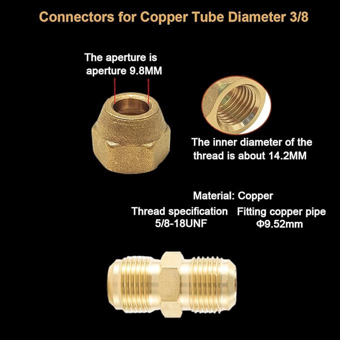 2Pieces Copper Pipe Extension Joint Connectors for Air Conditioning Pipe Coupling Adapters with Flare Nuts and Connectors for Copper Tube Diameter 3/8 and 1/4-Inch