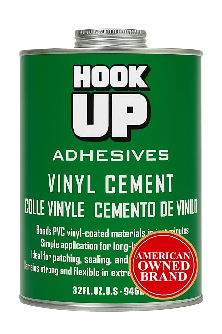HOOK UP Adhesives Vinyl Contact Cement, Glue Waterproof, Fast-Drying Repair Adhesive for Pools, Inflatables, PVC, Air Mattresses, PVC Pipes, Tarps, Boats, Rafts, Upholstery Strong Bond, Cement 32 OZ
