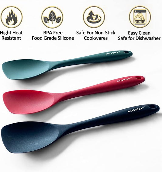 Upgrade Silicone Spatula Spoon Set,VOVOLY Heat Resistant Rubber Spoonula, Seamless Non-Stick Flexible Scrapers for Baking Mixing Tool,3 Pack, Red