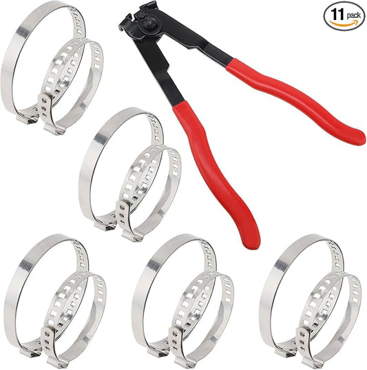 CV Boot Clamp Pliers with 10PCS Stainless Steel Crimp Bands, 5PCS Small and 5PCS Large Universal Adjustable Drive Shaft Joint Boot Crimp Clamps, Boots Clamp Tool Repair for Most Cars